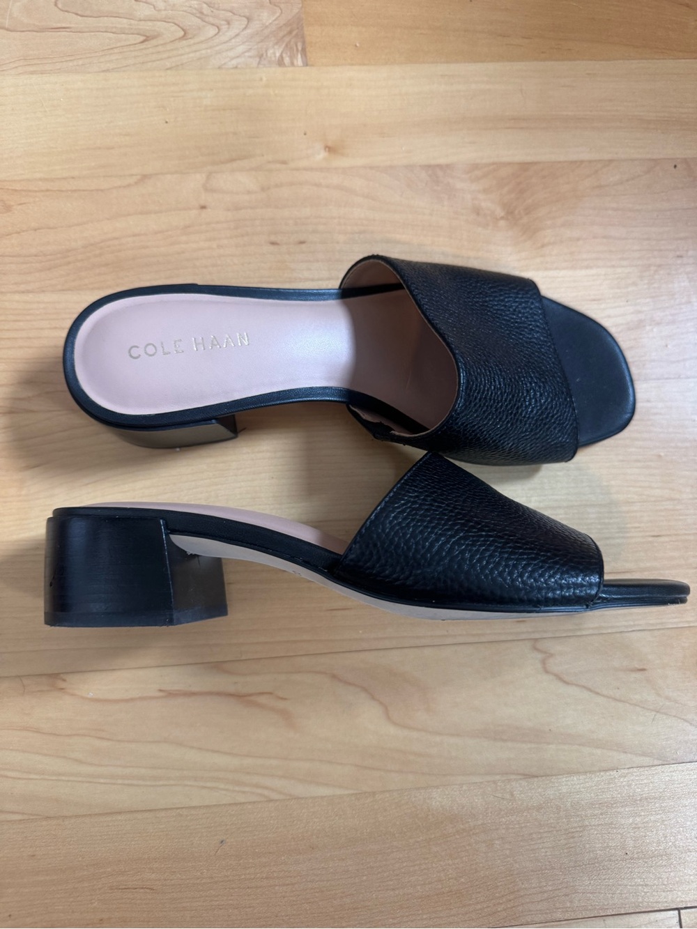 Cole Haan Black Leather Low Block Heel Mules